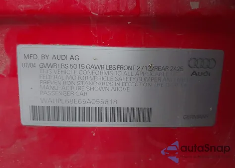 2005 Audi S4 4.2 из США, поврежденный, VIN WAUPL68E65A055818